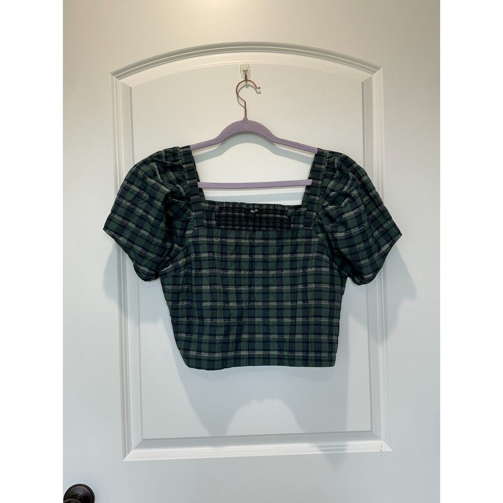 Madewell Hopewell Puff-Sleeve Crop Top Green Plaid Smocked Size Medium